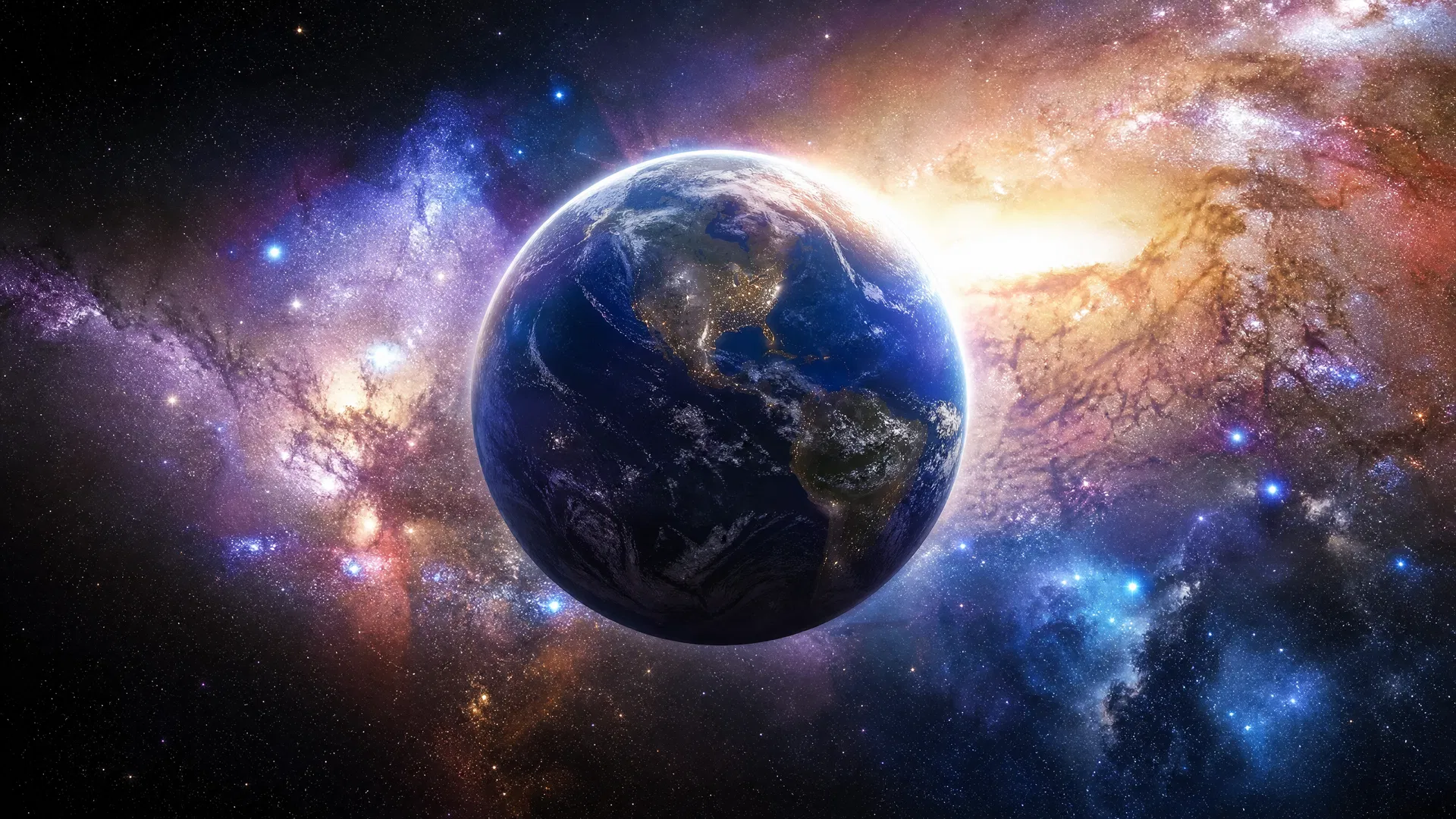 Planeta iluminado no espaço sideral com estrelas ao fundo - Portal Cura e Ascensão